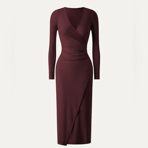 NWT OGL Light Cotton Rib Faux Wrap Light Cotton Midi Dress - Hazelnut Coco